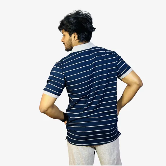 Men's Navy Blue & Grey Striped Polo T-Shirt | Premium Cotton Regular Fit